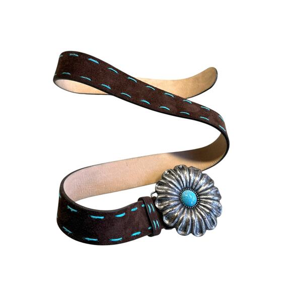 Streets Ahead vintage turquoise buckle southwestern leather suede belt medium - Picture 3 of 7